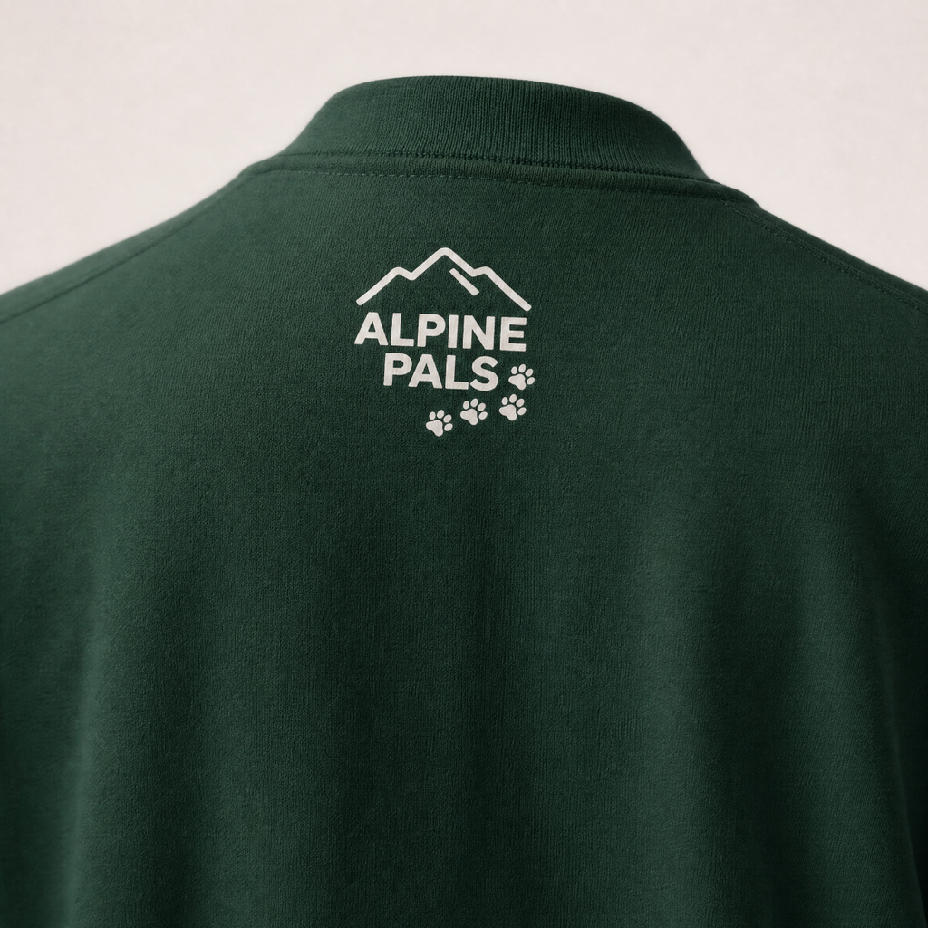 Forest green sweater with 'Alpine Pals' logo on the back