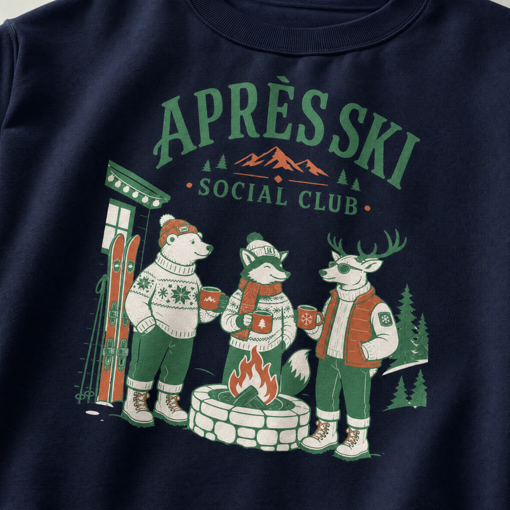 Navy blue sweatshirt with 'Apèrèski Social Club' graphic featuring a bear, fox, and deer around a campfire.