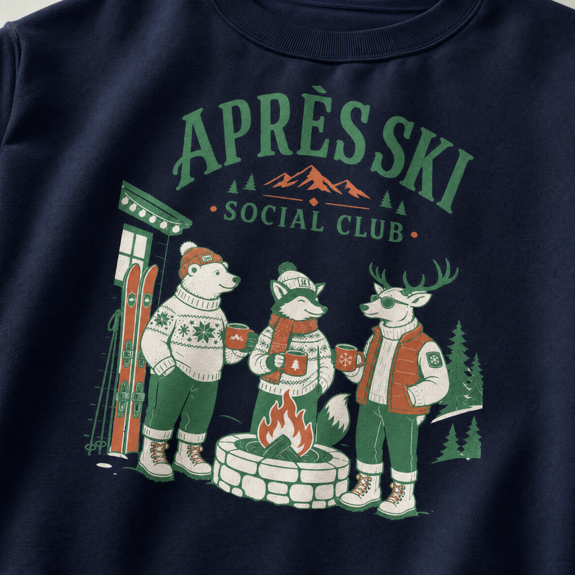 Navy blue sweatshirt with 'Apèrèski Social Club' graphic featuring a bear, fox, and deer around a campfire.