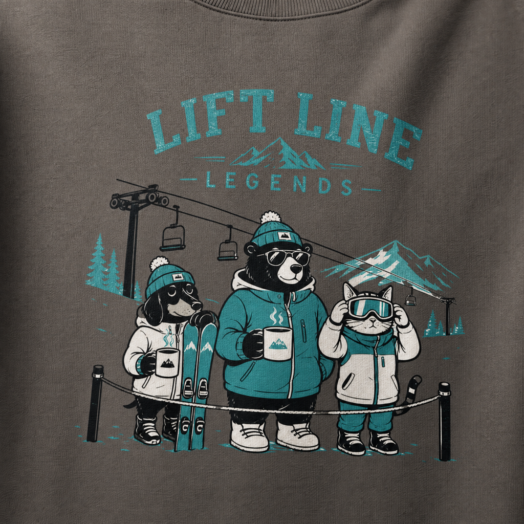 Sweatshirt with 'Lift Line Legends' graphic featuring bears and a dog at a ski lift.