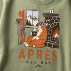 Military green sweatshirt with a cat graphic and 'Après All Day' text on a mountain-themed design.
