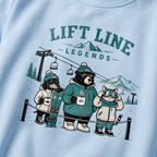 Light blue sweatshirt with cartoon characters and 'Lift Line Legends' text on a mountain background.