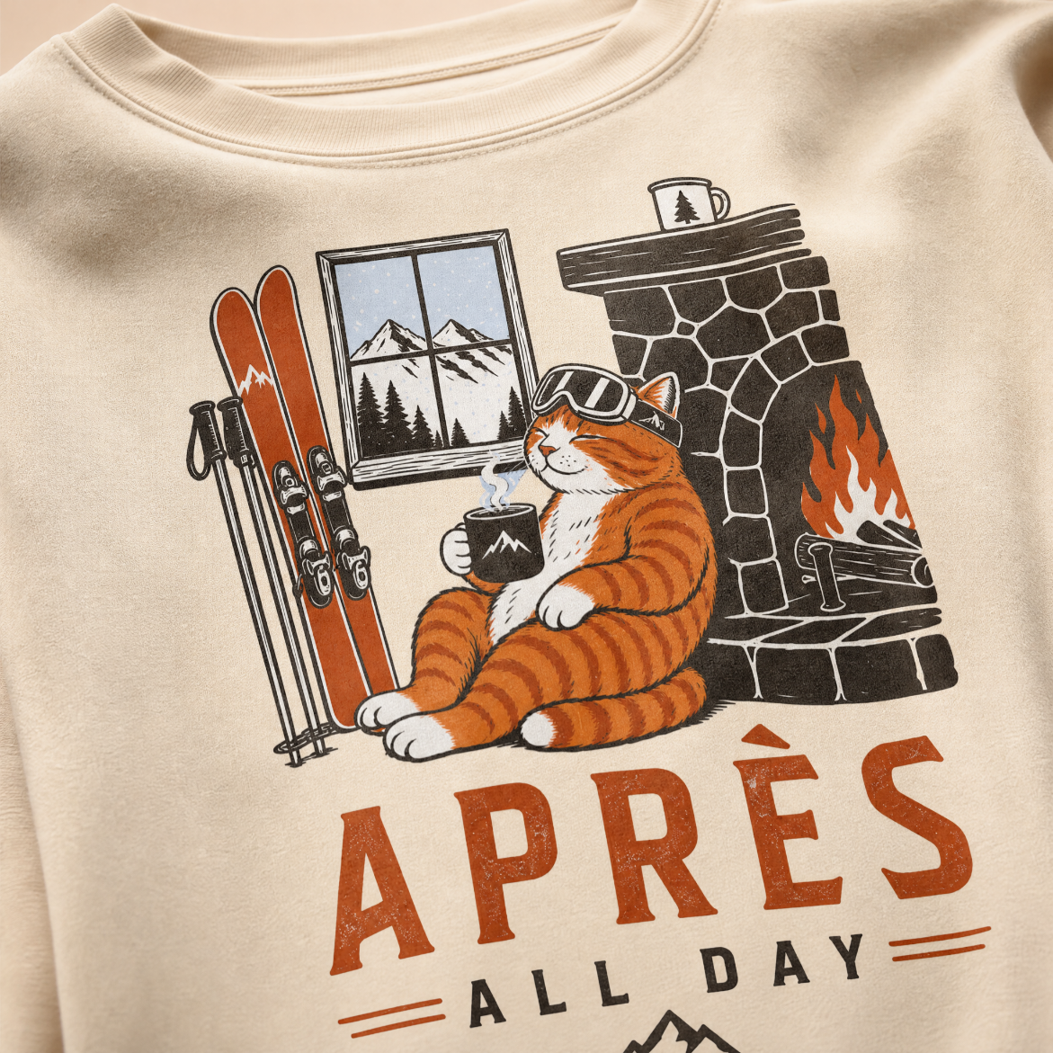 Sand colored sweatshirt with a cat graphic and 'Après All Day' text on a beige background