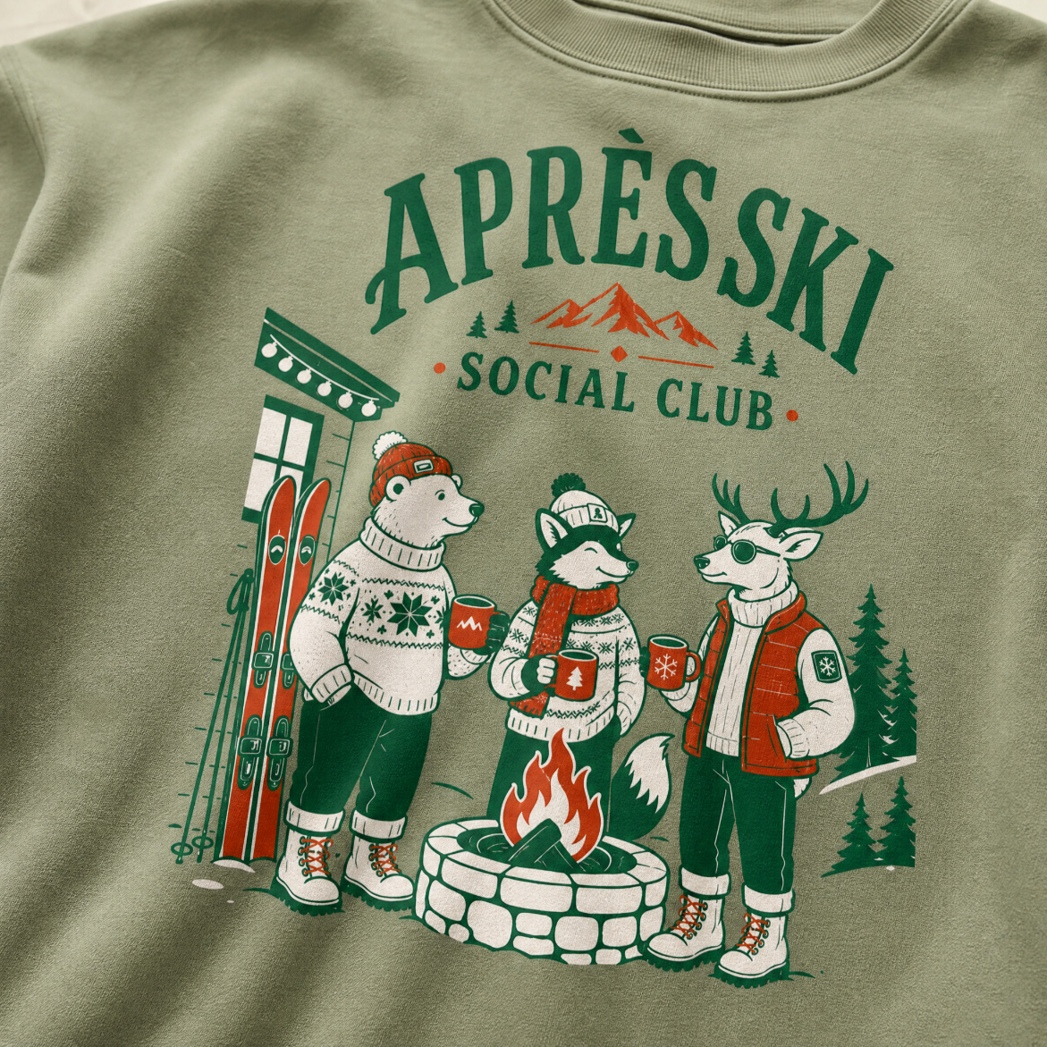 Military green t-shirt with 'Apres Ski Social Club' graphic featuring animals around a campfire.