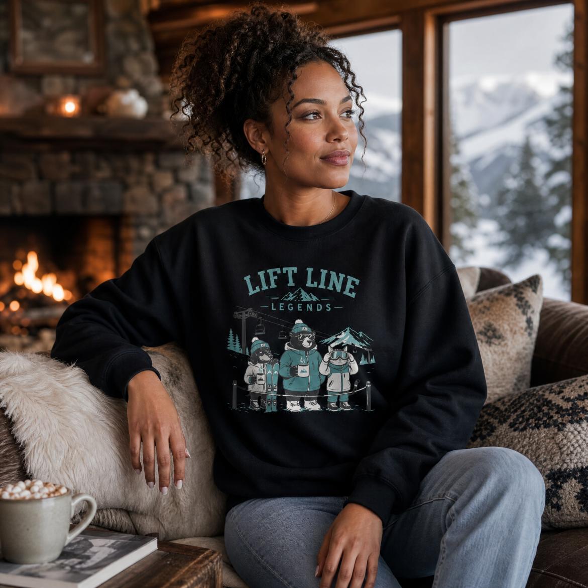 Woman wearing a black sweatshirt with a graphic design, sitting in a cozy room with a fireplace and snowy window view.