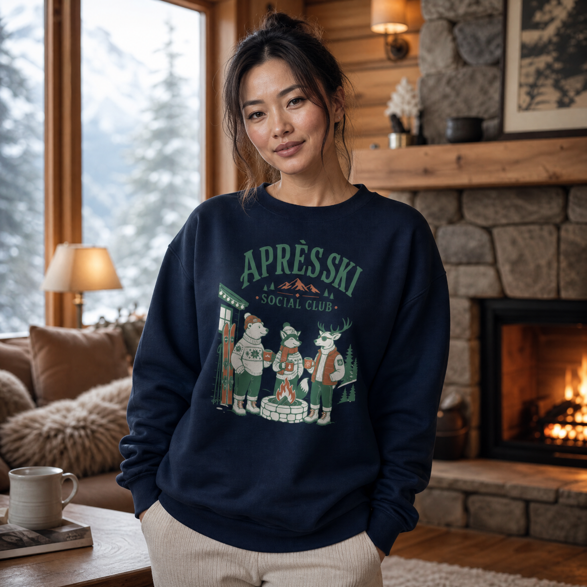 Woman wearing an 'Après Ski Social Club' sweatshirt in a cozy living room.