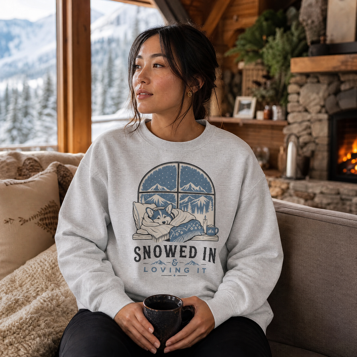 Woman wearing a sweater with a snowy design, sitting on a couch in a cozy room with a fireplace and mountain view.