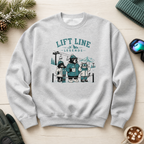 Sport grey sweatshirt with 'Lift Line Legends' graphic on a wooden surface with winter accessories.