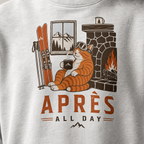 Ash gray sweatshirt with a cat graphic and 'APRES ALL DAY' text.