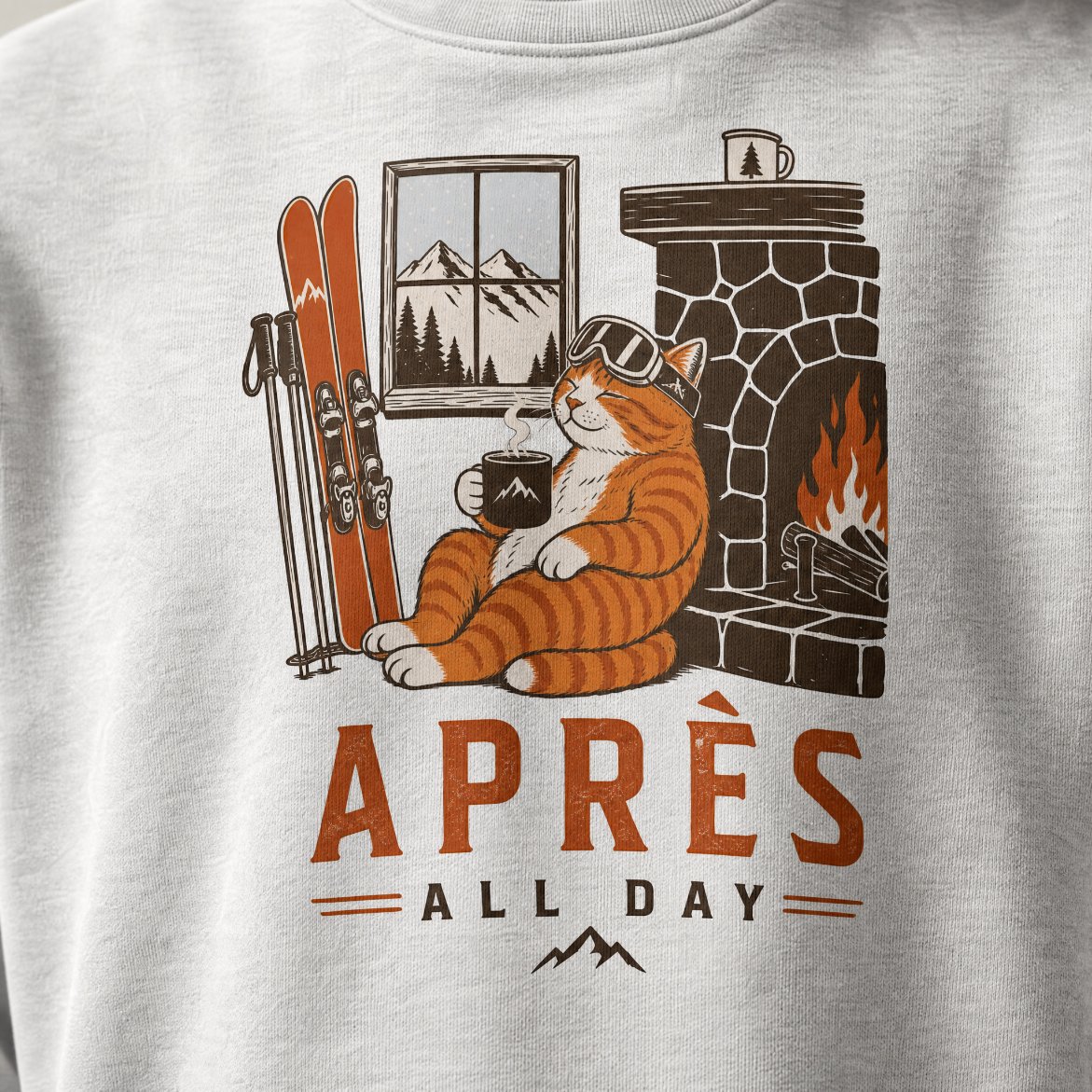 Ash gray sweatshirt with a cat graphic and 'APRES ALL DAY' text.
