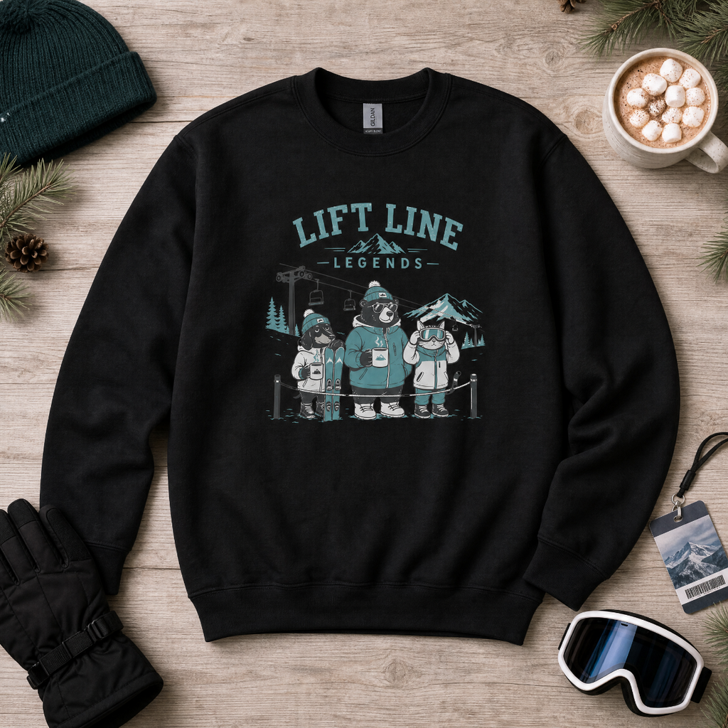 Black sweatshirt with 'Lift Line Legends' graphic on a wooden surface with winter accessories.