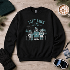 Black sweatshirt with 'Lift Line Legends' graphic on a wooden surface with winter accessories.