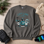 Charcoal gray sweatshirt with 'Lift Line Legends' design on a wooden surface with winter accessories.