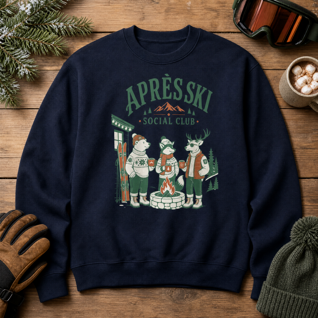 Navy blue sweatshirt with 'Apres Ski Social Club' design on a wooden surface with winter accessories.