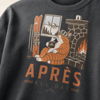 Sweatshirt with a cat graphic and 'APRES ALL DAY' text on a dark background