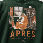 Forest green sweatshirt with a cat graphic and 'APRES ALL DAY' text on a white background