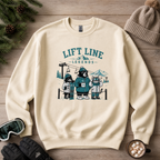 Sand colored crewneck sweater with 'LIFT LINE LEGENDS' text featuring a dog, bear, and cat.