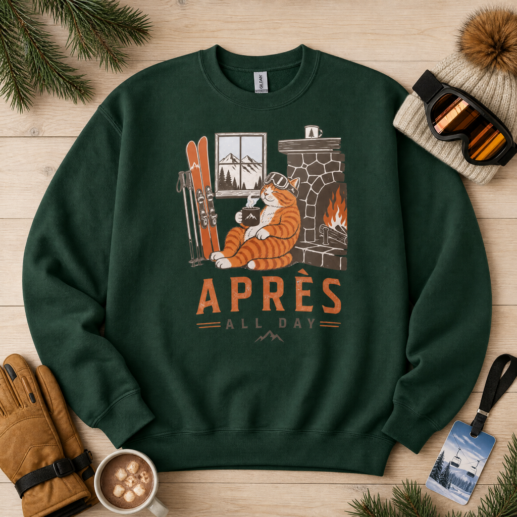 Forest green sweatshirt with a graphic of a cat by a fireplace and 'APRES ALL DAY' text, surrounded by winter accessories on a wooden surface.