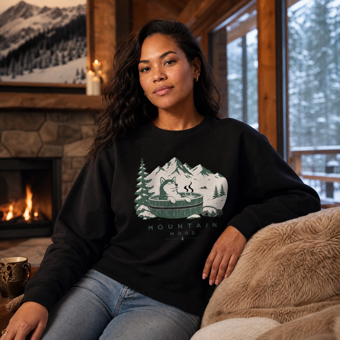 Woman wearing a black sweatshirt with a mountain graphic sitting in a cozy room with a fireplace and window.