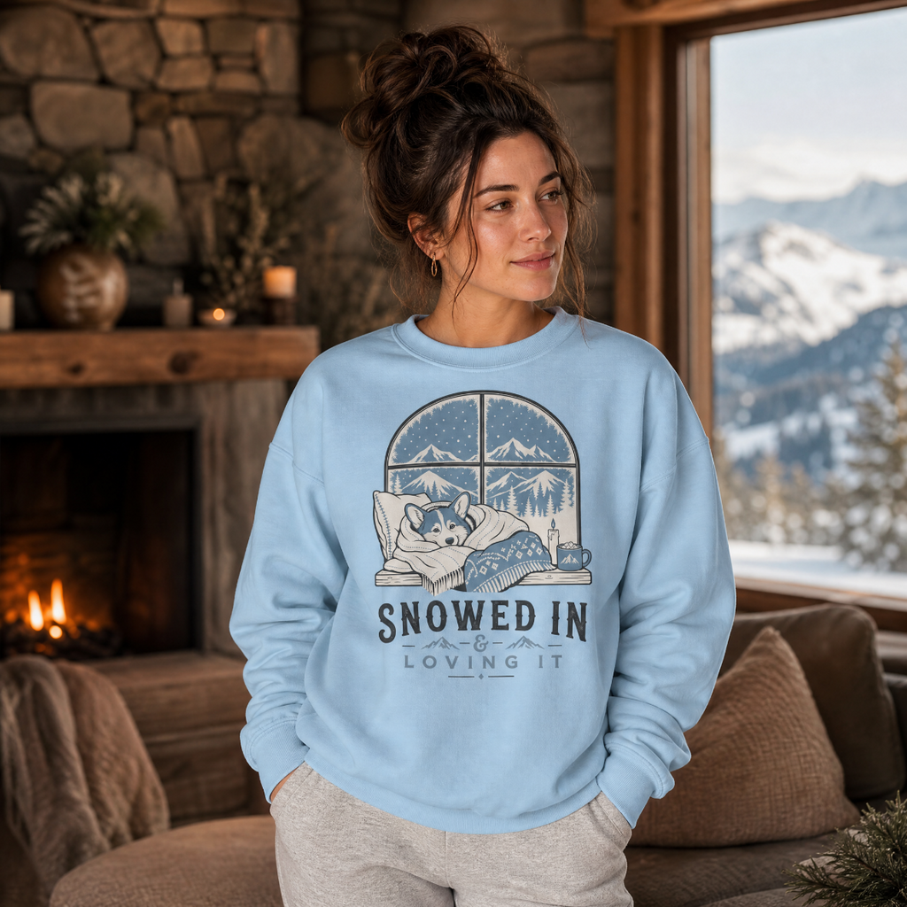 Woman wearing a light blue sweatshirt with a graphic design of a dog and text 'Snowed In & Loving It' in a cozy room with a fireplace and mountain view.