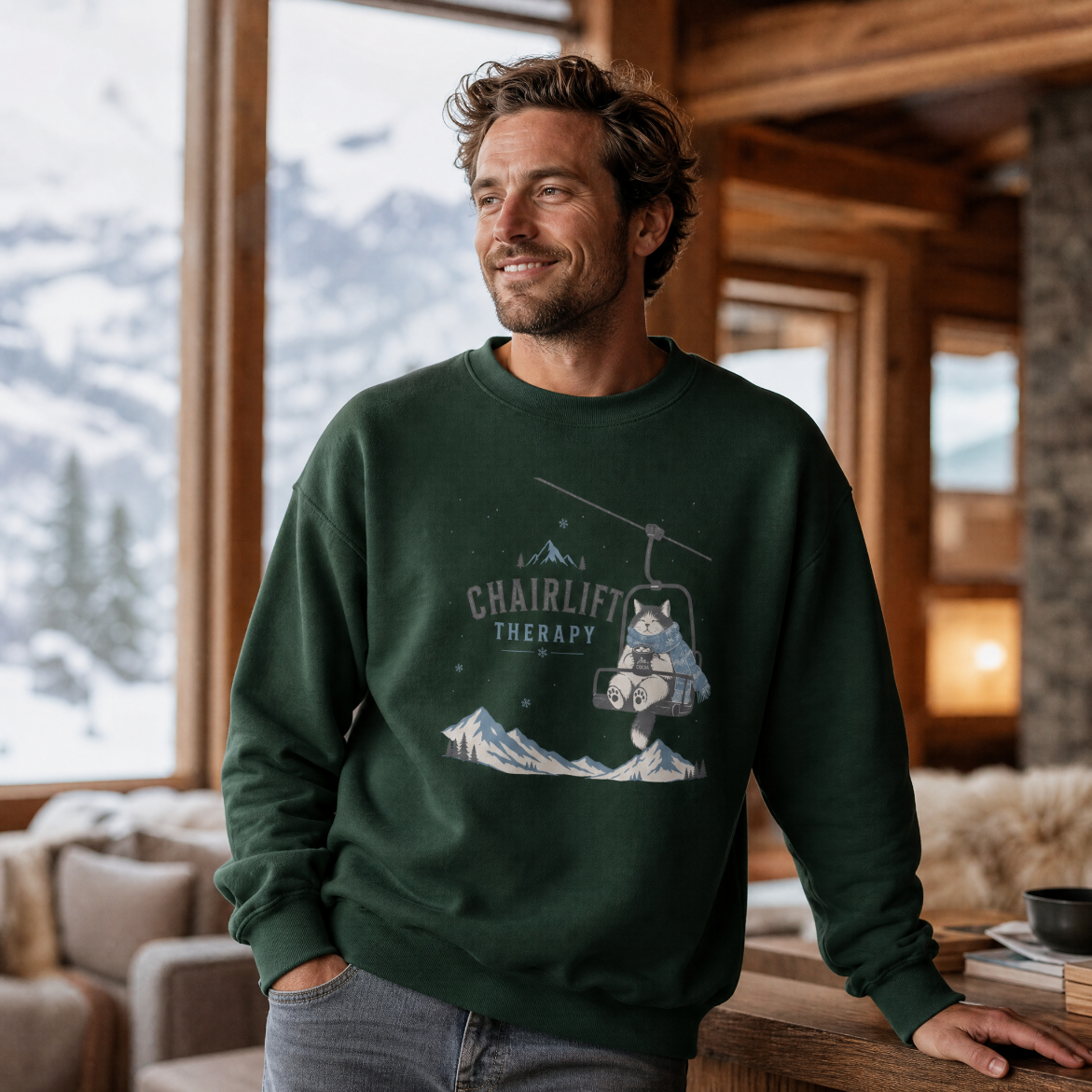 Man wearing a green sweatshirt with a chairlift graphic in a cozy indoor setting with snowy mountains outside.