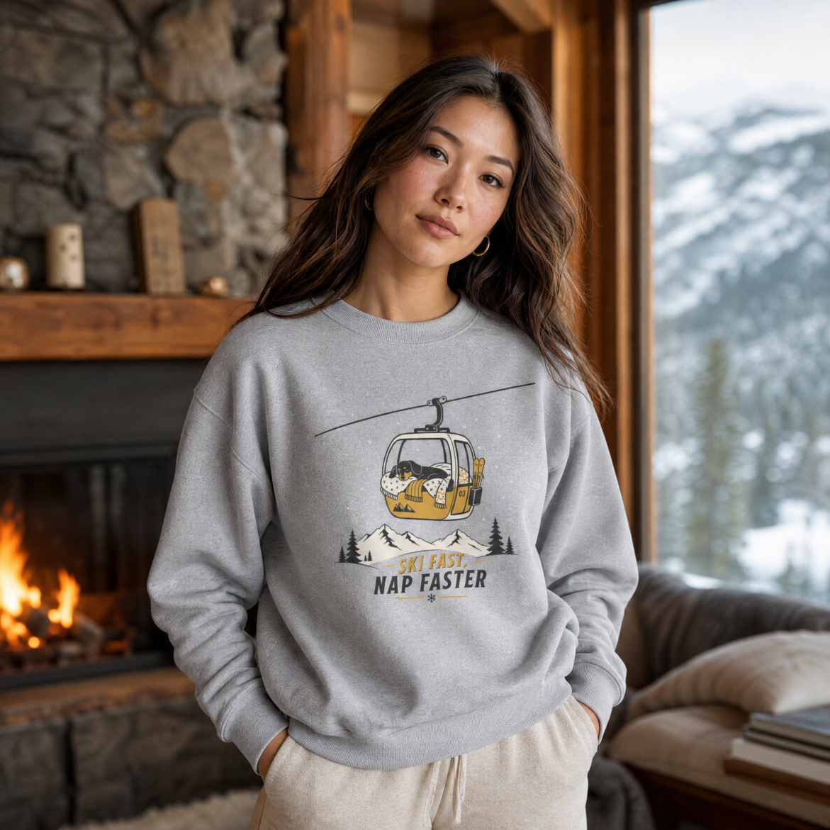 Woman wearing a gray sweatshirt with a graphic design in a cozy living room.
