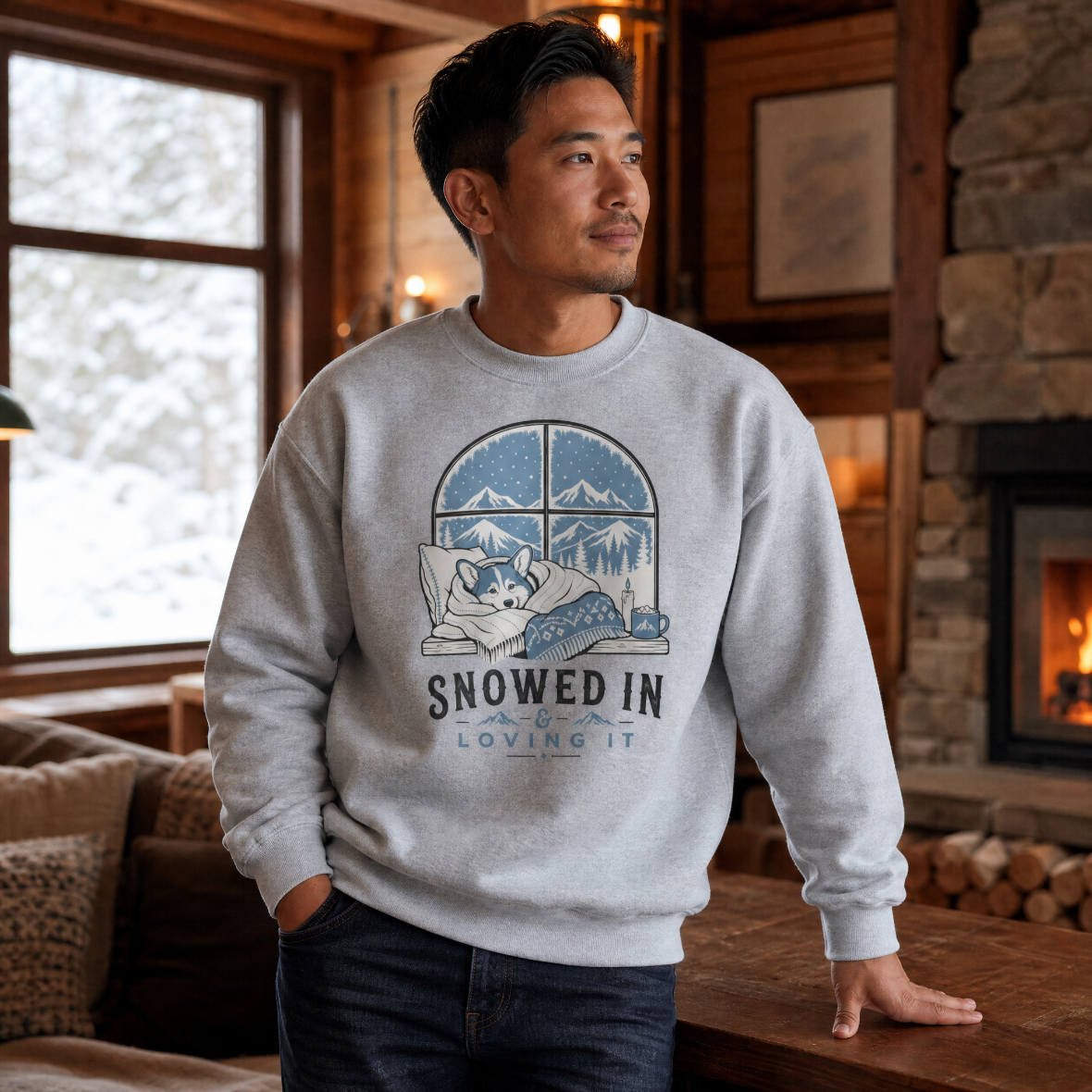 Man wearing a sport gray sweatshirt with a graphic design in a cozy indoor setting.