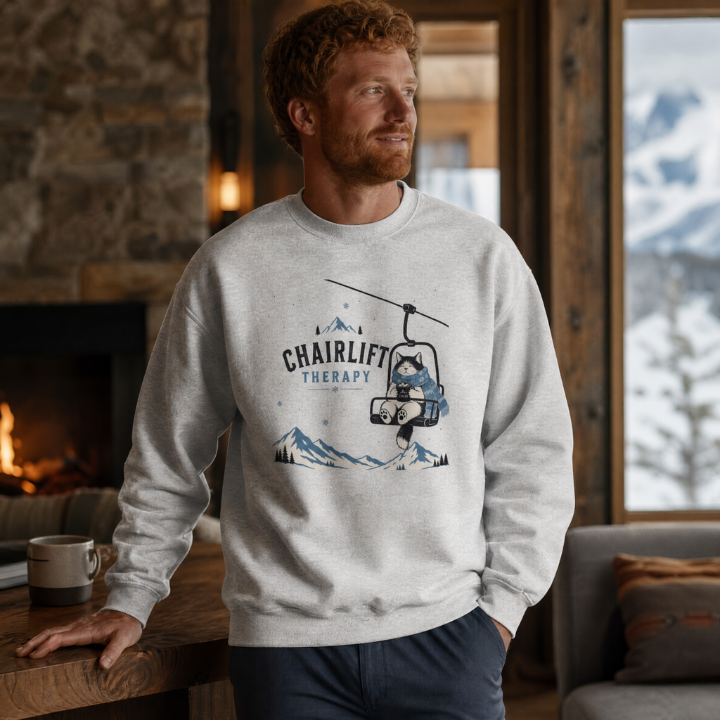 Man wearing a sweatshirt with 'Chairlift Therapy' design in a cozy room with a fireplace and mountain view.