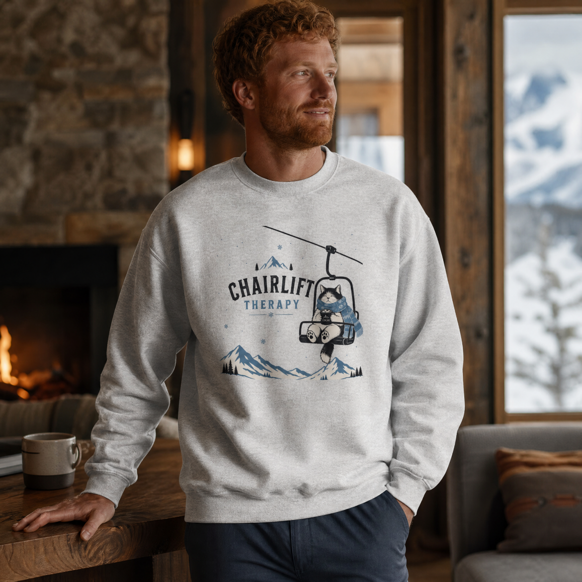Man wearing a sweatshirt with 'Chairlift Therapy' design in a cozy room with a fireplace and mountain view.