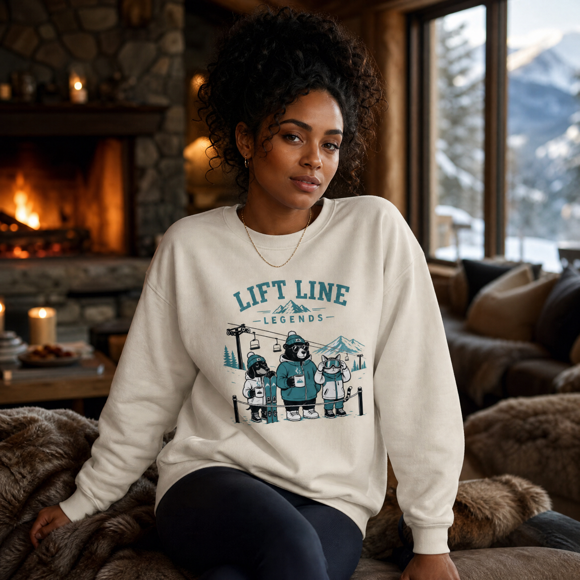 Woman wearing a 'Lift Line Legends' sweatshirt in a cozy indoor setting with a fireplace and mountain view.