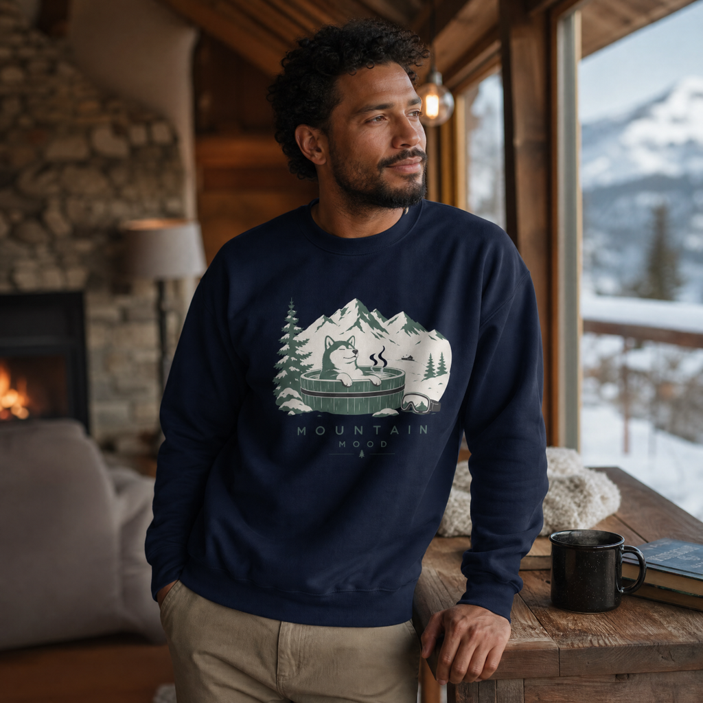 Man wearing a navy blue sweatshirt with a mountain graphic in a cozy cabin setting.