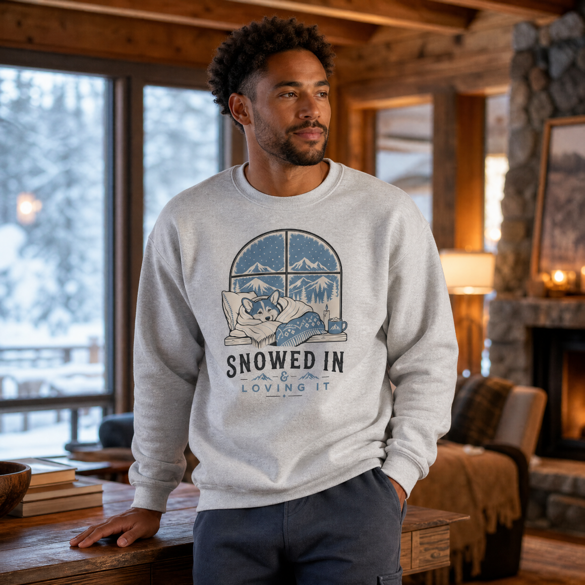 Man wearing a sweater with a winter graphic in a cozy indoor setting