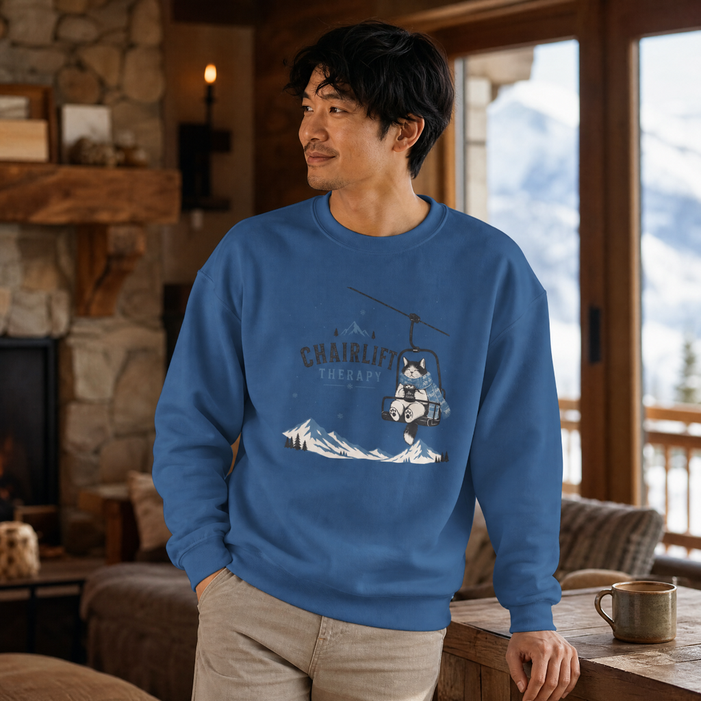 Man wearing a blue sweatshirt with a graphic design in a cozy room with a stone fireplace and mountain view.