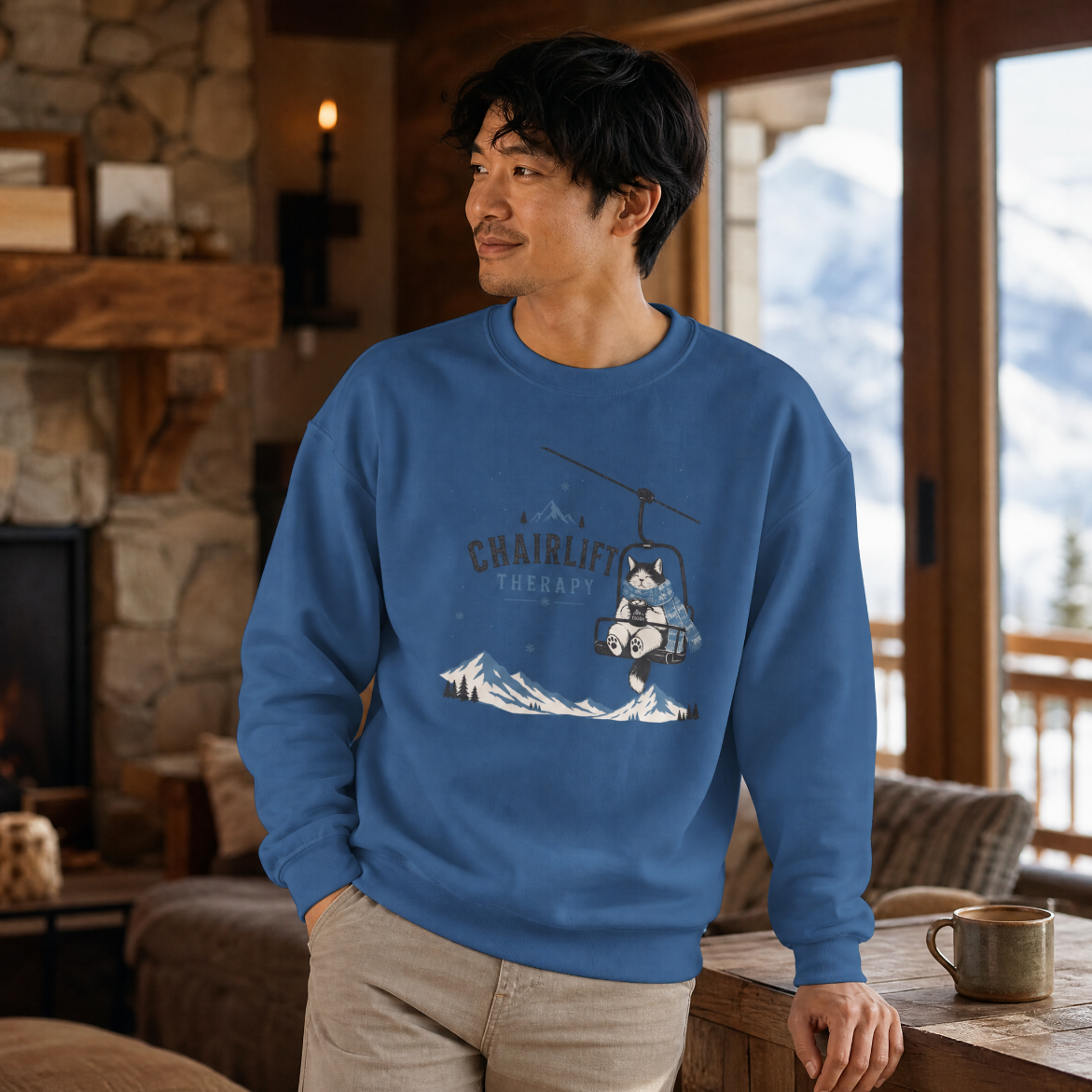Man wearing a blue sweatshirt with a graphic design in a cozy room with a stone fireplace and mountain view.
