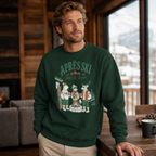 Man wearing a forest green sweatshirt with 'Après Ski Social Club' design in a cozy indoor setting.