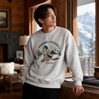 Man wearing an ash gray sweatshirt with a graphic design in a cozy room with a mountain view.