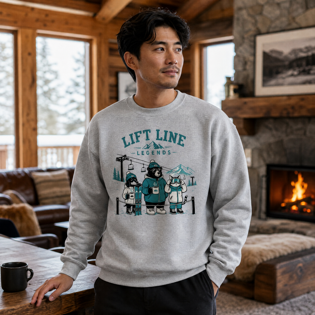 Man wearing a Sport grey sweatshirt with a graphic design in a cozy living room.