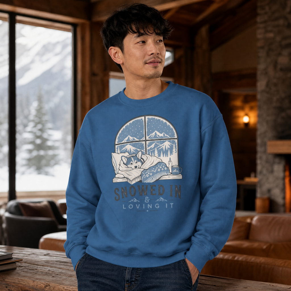 Man wearing a blue sweatshirt with a graphic design of a person in a cabin and text 'Snowed in & Loving It' in a cozy indoor setting.