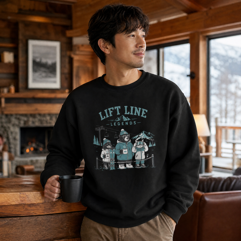 Man wearing a black sweatshirt with 'Lift Line Legends' design in a cozy cabin setting.