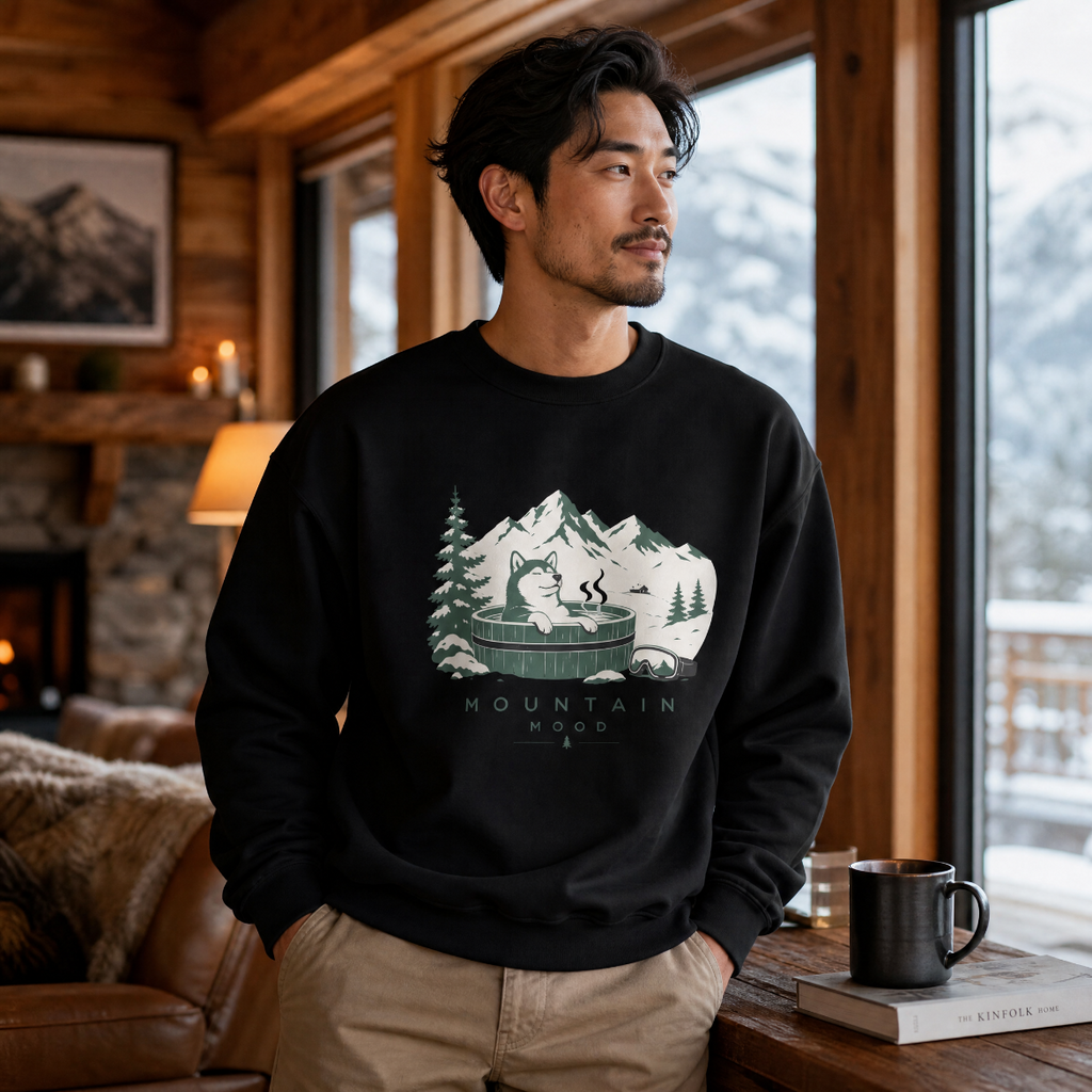 Man wearing a black sweatshirt with a mountain graphic in a cozy room with a fireplace and window view.