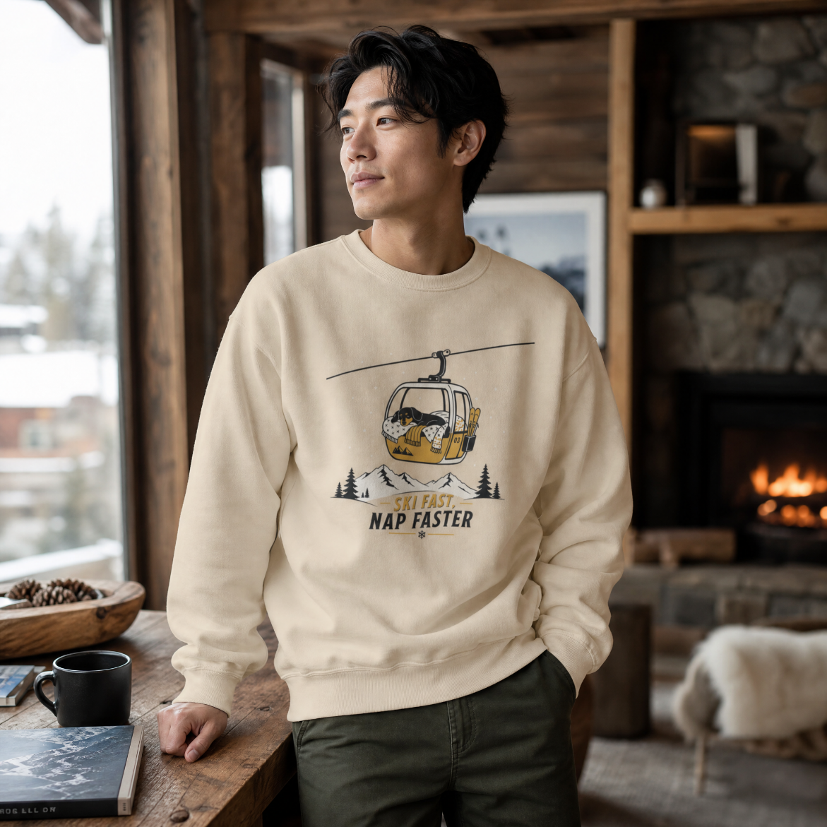 Man wearing a sand colored sweatshirt with a graphic design in a cozy indoor setting.