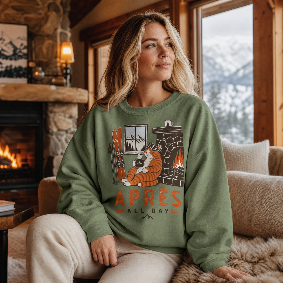 Woman wearing a military green sweatshirt with a graphic design sitting in a cozy room with a fireplace and mountain view.