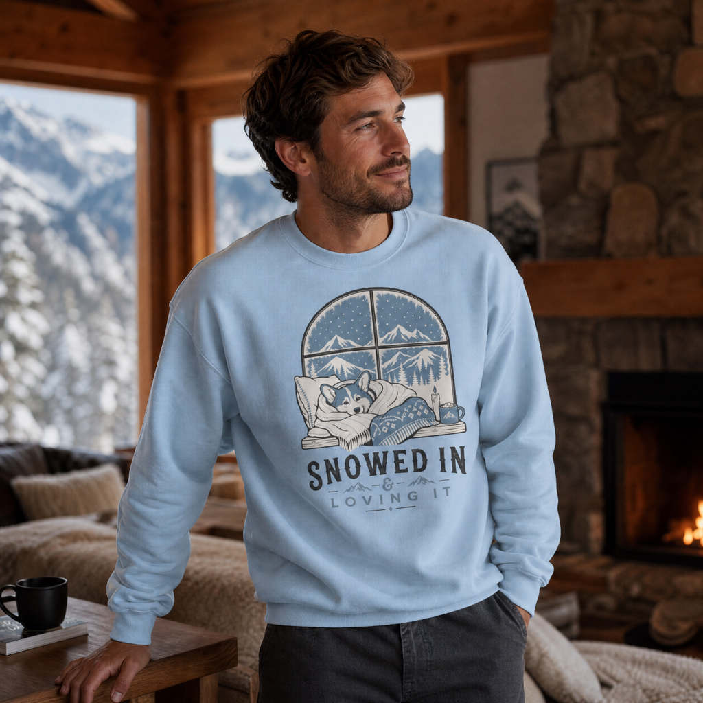 Man wearing a light blue sweatshirt with a mountain and dog graphic, standing in a cozy living room with a fireplace and mountain view.