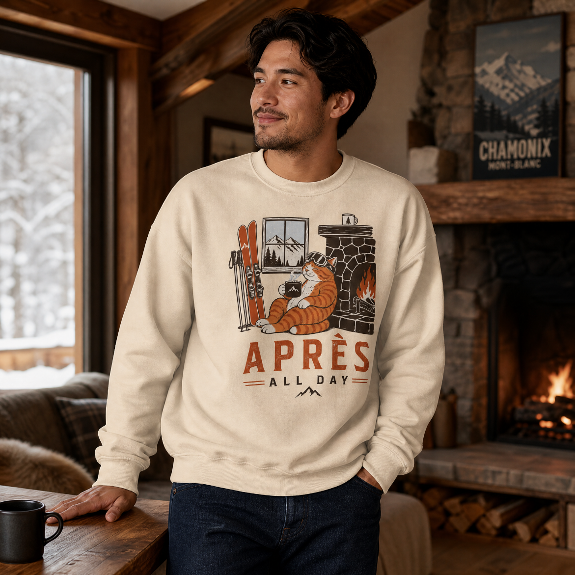 Man wearing a sweater with a fireplace graphic and 'Apres All Day' text in a cozy indoor setting.