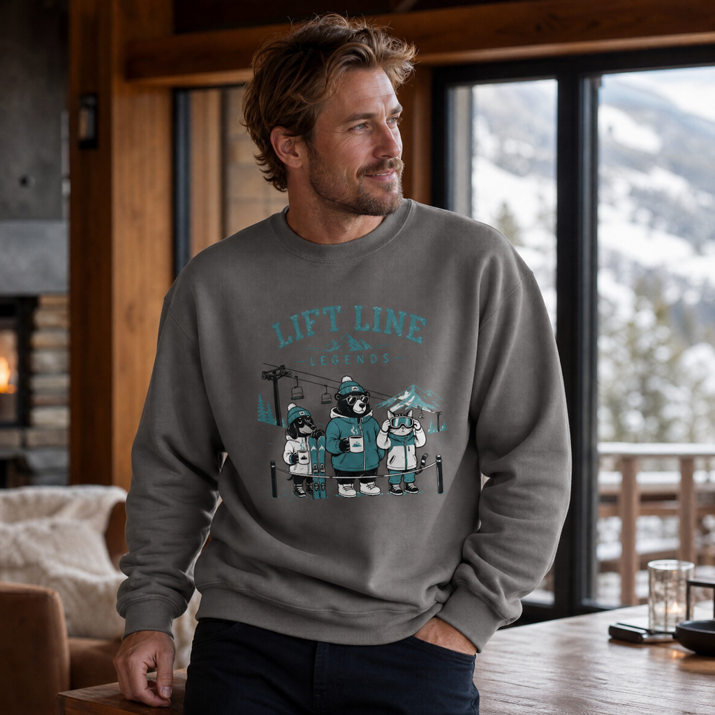 Man wearing a Charcoal gray sweatshirt with a graphic design in a cozy indoor setting with a mountain view.