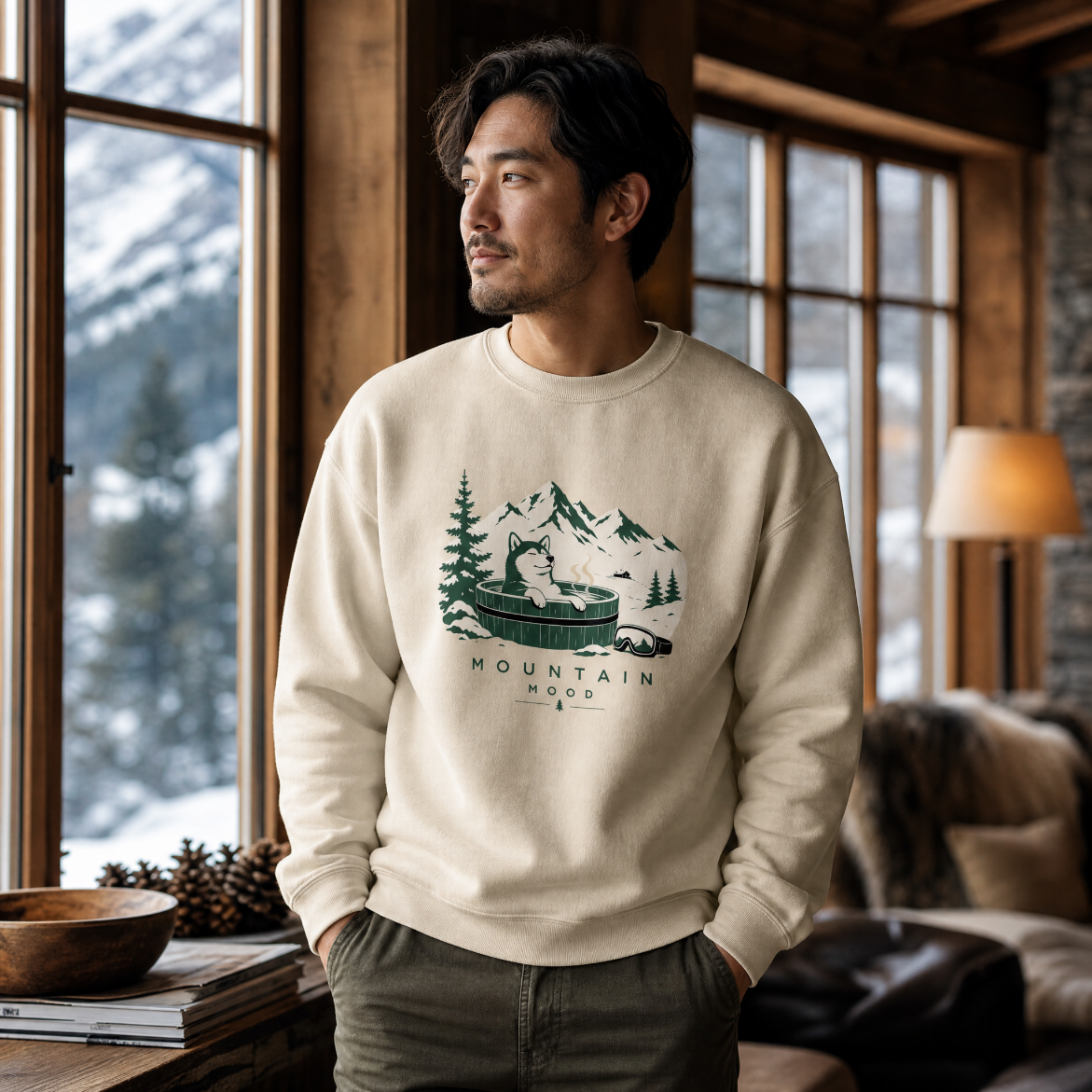 Man wearing a sand colored sweatshirt with a mountain graphic in a cozy room with large windows.