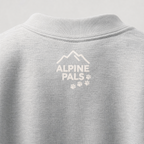 Ash gray sweatshirt with 'Alpine Pals' logo on a light gray background