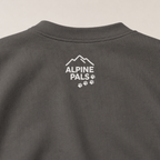 Charcoal gray sweatshirt with 'Alpine Pals' logo on a beige background