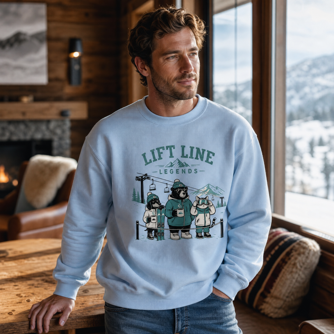 Man wearing a light blue sweatshirt with bear graphics and 'Lift Line Legends' text in a cozy room with a mountain view.