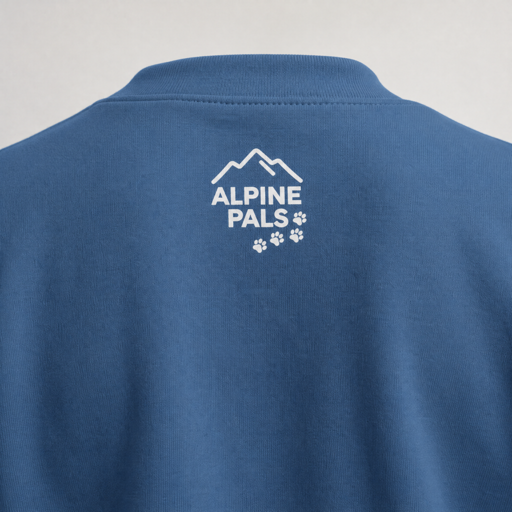 Indigo blue sweater with 'Alpine Pals' logo on a gray background